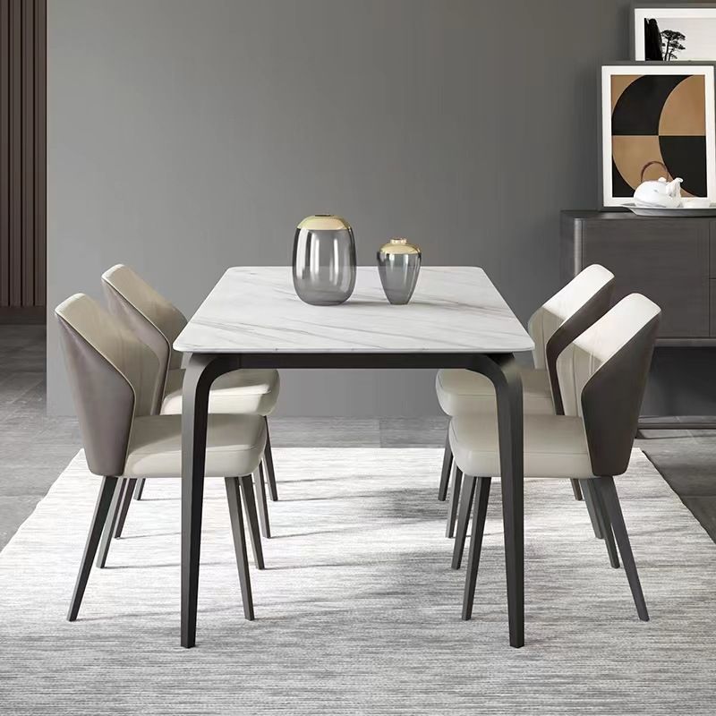 Industrial Rectangle Dining Table White Stone Top Table with Black Metal Legs