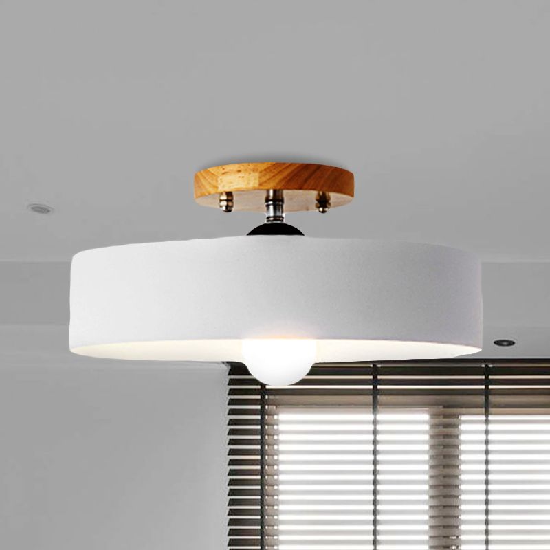 Drum Semi Mount Lighting Modernist Metal 1 Light 12" W Gray/White/Red/Pink Ceiling Mounted Fixture for Living Room