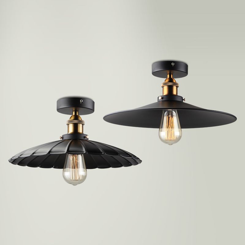 1 Light Round Shade Semi Flush Mount Light Industrial Iron Ceiling Lamp