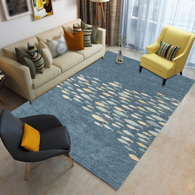 Modern Indoor Rug Minimalist Fish Print Polyster Carpet Washable Anti-Slip Carpet for Living Room