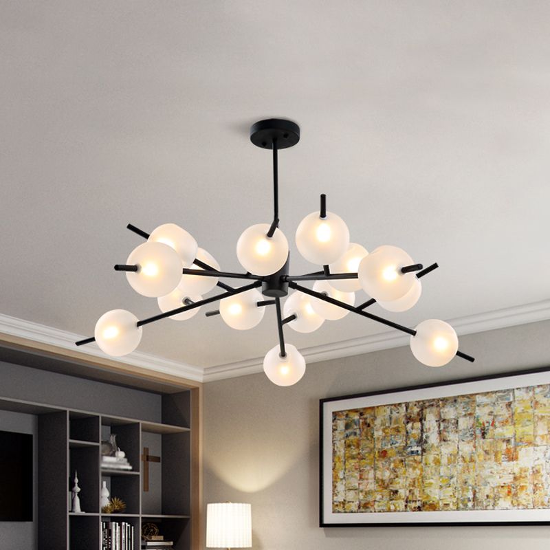 Modern Branched Ceiling Pendant Lamp Metal 15 Bulbs Parlor Chandelier Light in Black/Gold with Orb Frosted Glass Shade Insert