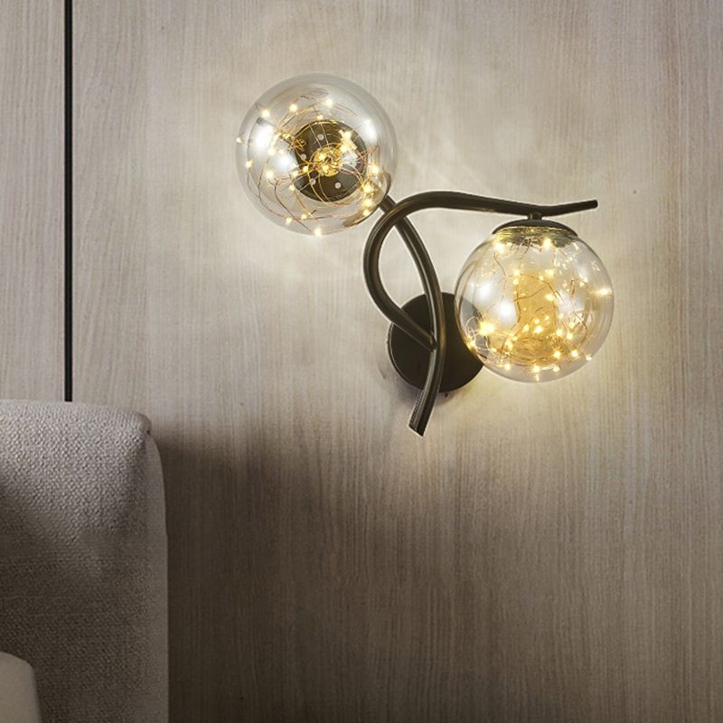 2-Lights Branch Metal Arm Sconce Lights Globe Glass Shade Nordic Style LED Wall Mount Lamp