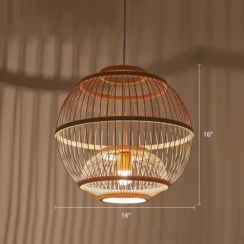 Sphere Shaded Suspension Lighting Minimalist Bamboo 1 Head Wood Pendant Ceiling Light