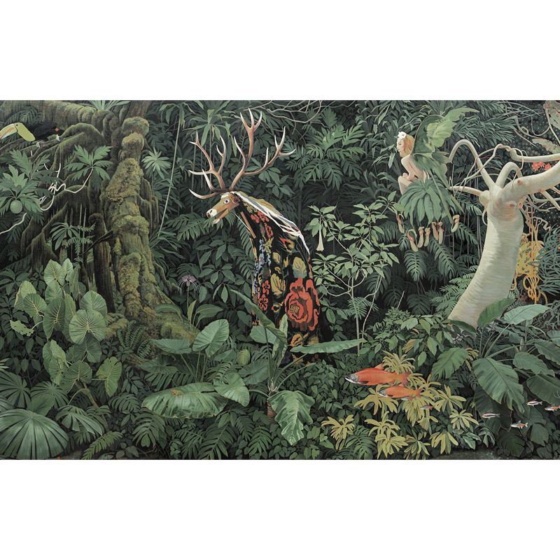 Tropical Jungle Savage Wall Mural Green Water Resistant Wall Covering for Living Room