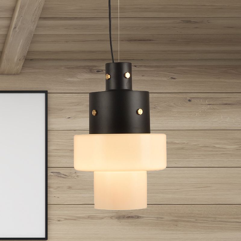 Cilindro de vidrio blanco Luz de techo colgante Rústico 1 cabeza Coste negro Luz para sala de estar
