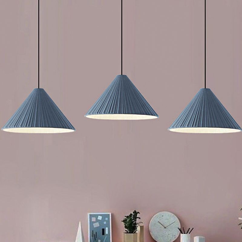 12.5"/16.5" W 1 Head Conic Pendant Light with Ribbed Design Nordic Style Blue/Pink/White Resin Hanging Lamp for Bedroom