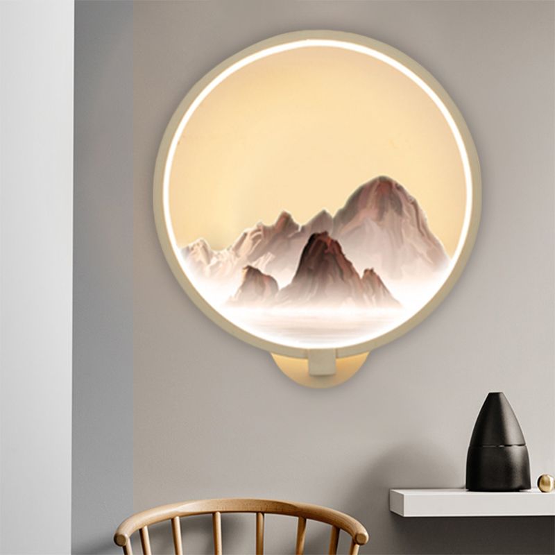 Oriental Style LED Wall Mural Lamp Metal White Circular Shaped Wall Lighting Idea with Mountain Pattern