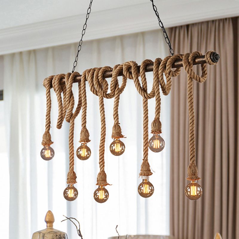 Verstelbaar touw blootgesteld eilandlicht retro industrieel 5/6-licht restaurant eiland plafondlicht in beige/lichtgeel