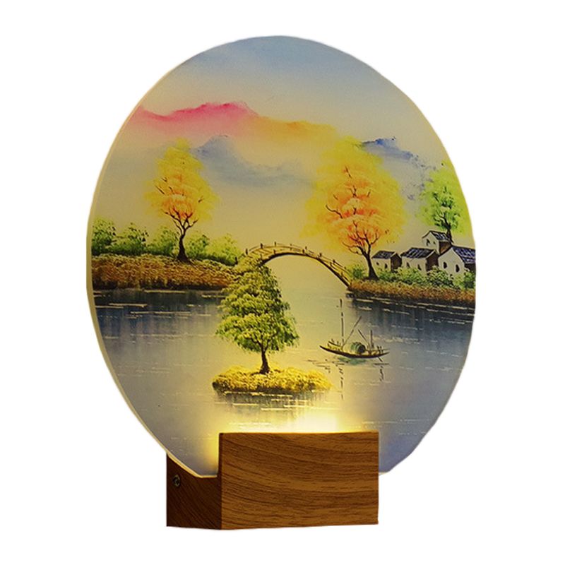 Simplicity Style LED Mural Light Acrylic Wood Circular Wall Lighting Fixture with Bridge and Water Design