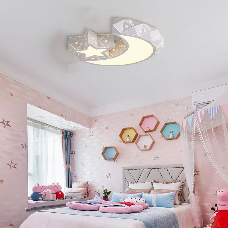 18"/23.5" Wide Stars Moon Flush Mount Light Modern Acrylic LED White Flush Ceiling Light in White/3 Color Light
