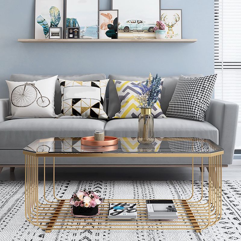 Contemporary Glass & Marble Coffee Table Octagon 1 Single Cocktail Table with Shelf