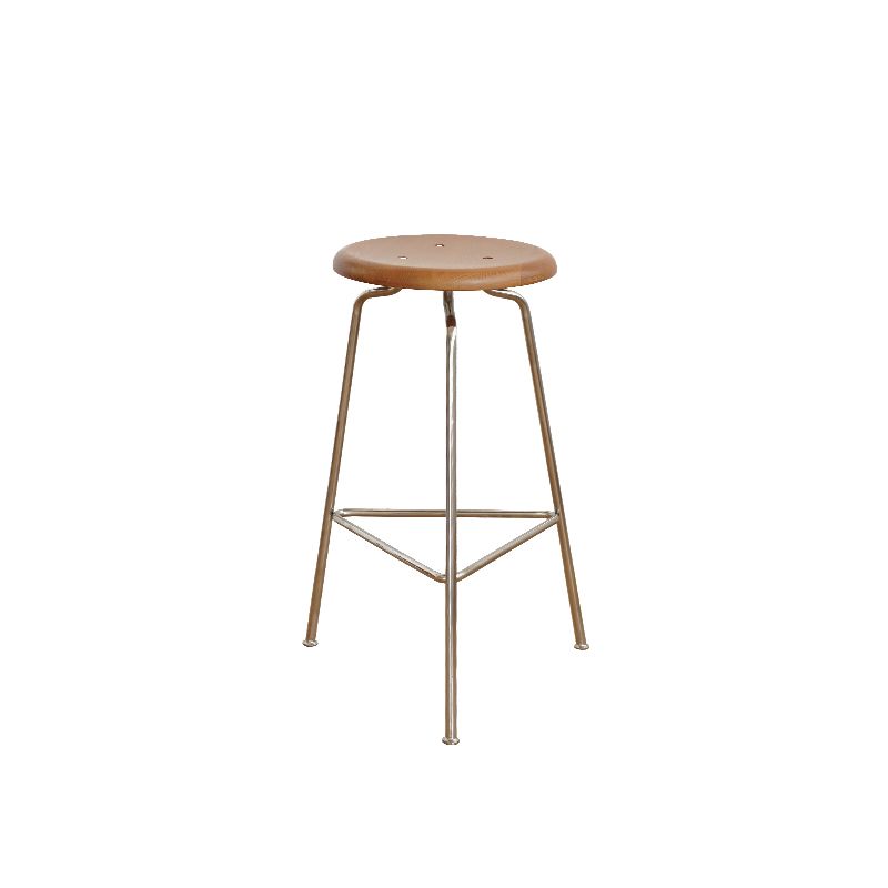 Contemporary Solid Wood Round Armless Bar Stool with Metal Base