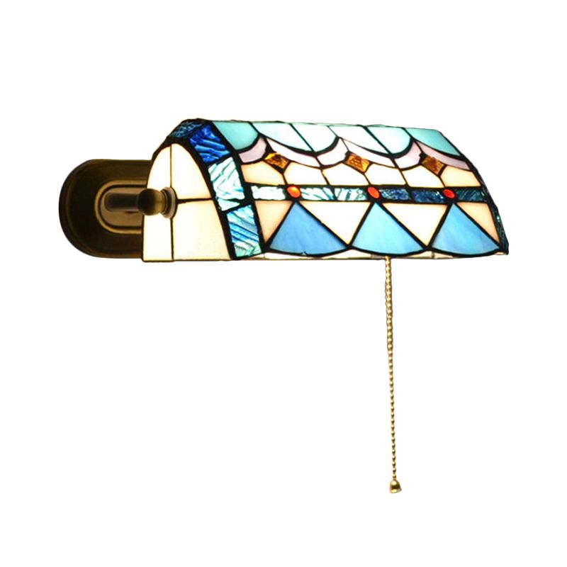 Mediterranean Banker Lamp with Pull Chain Stained Glass 1 Light Wall Sconce in Blue