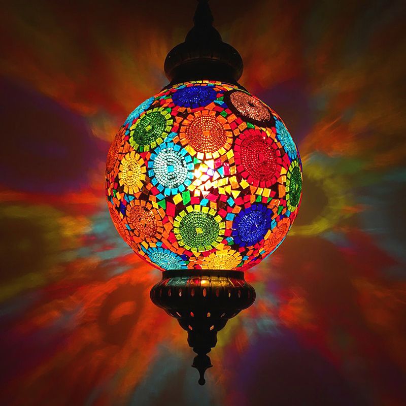 Vintage Orb Ceiling Suspension Lamp 1 Head Stained Glass Hanging Pendant Light in Red/Yellow/Blue