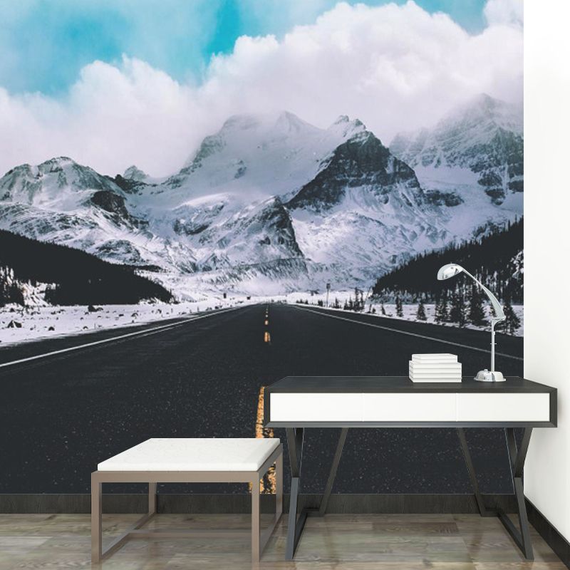 Big Contemporary Wall Paper Mural Black Straight Road to Snow Mountain Wall Covering, Custom Size