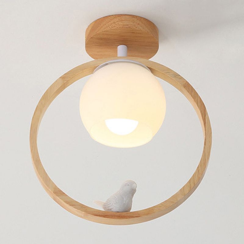 White Shaded Ceiling Light Contemporary Flush Mount Lighting with Wood for Room