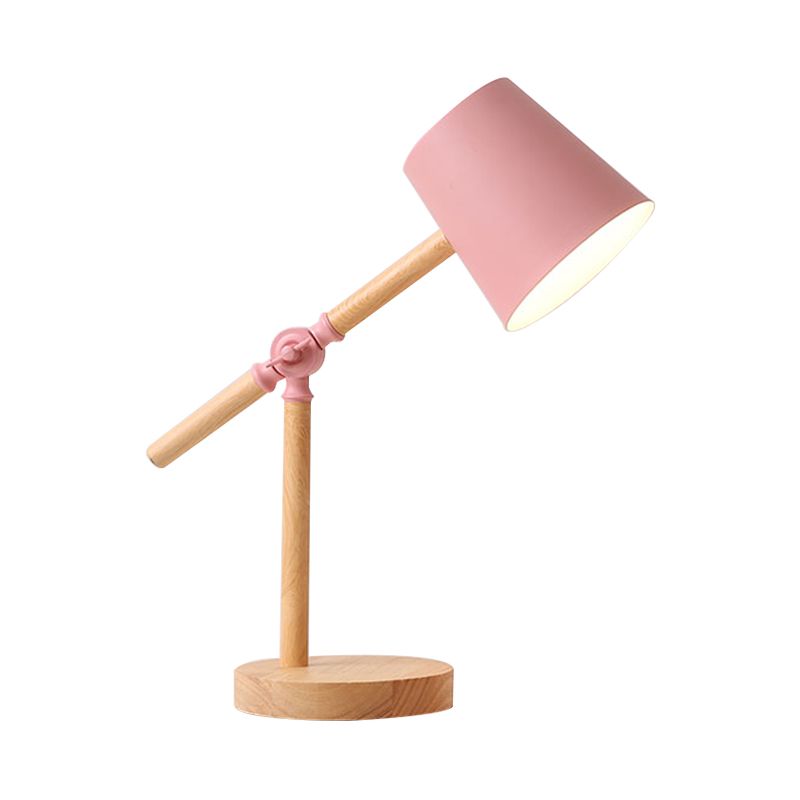 Holzschwung Arm Tischlampe Nordic 1 helles Nachttischlicht mit Fassschatten in Schwarz/Weiß/Rosa