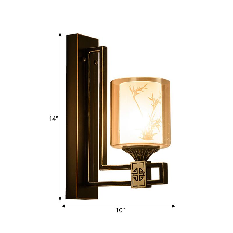 Luz de pared de cilindro negro estilo tradicional vaso ámbar 1 sala de estar ligera con placa posterior de metal