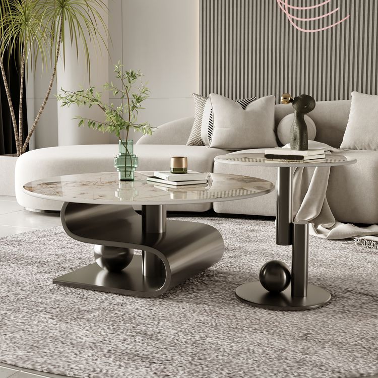 Stainless Steel Abstract Base Cocktail Table Glam Slate Top Coffee Table