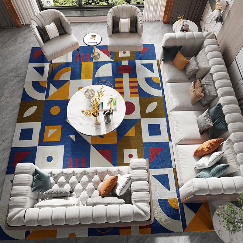 Modern Living Room Area Rug Blue Geometric Print Area Carpet Non-Slip Backing Rug