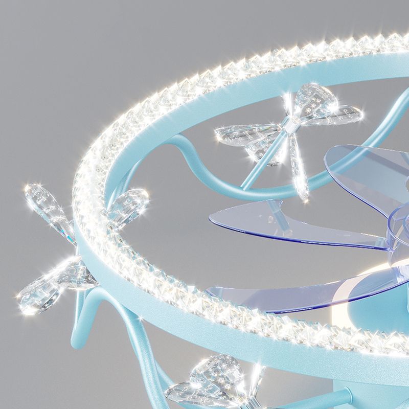 Crown Shaped Kids Bedroom Fan Lighting Metal Macaron LED Semi Flush Ceiling Light with Crystal Decor