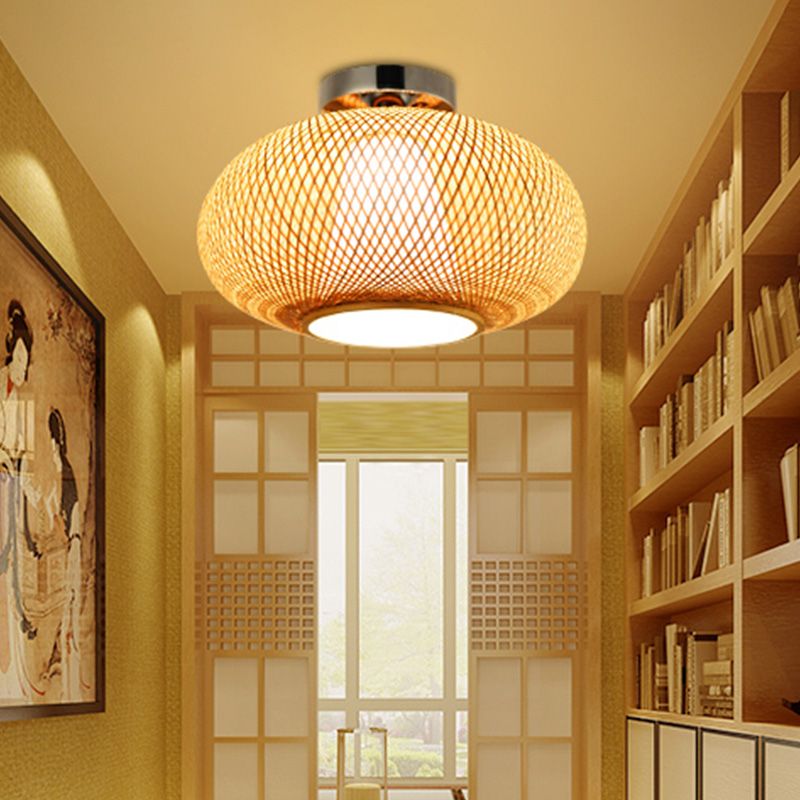 Flaxen Lantern Semi Flush Mount Chinese 1 Head Bamboo Ceiling Mounted Light for Dining Room