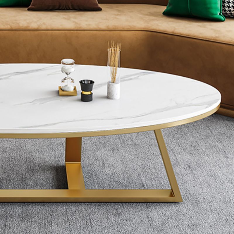 White Oval Stone Top Coffee Table with Iron Cross Base Cocktail Table