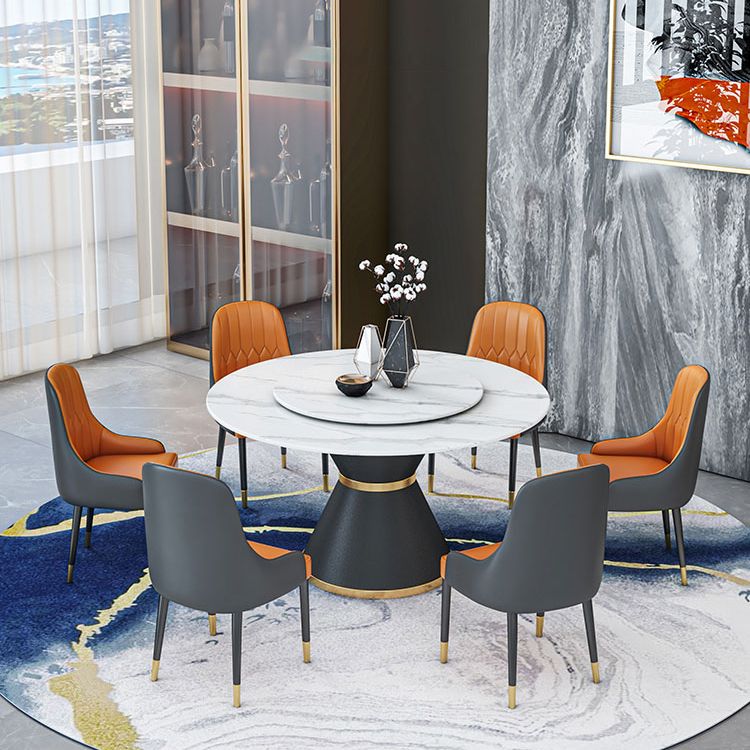 Round Stone Dining Table Black Base Traditional Luxury Dinette Table in White