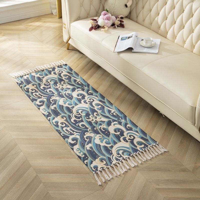 Modern Plant Printed Rug Multi-Colored Jute Area Carpet Easy Care Pet Friendly Stain-Resistant Indoor Rug with Tassel for Bedroom