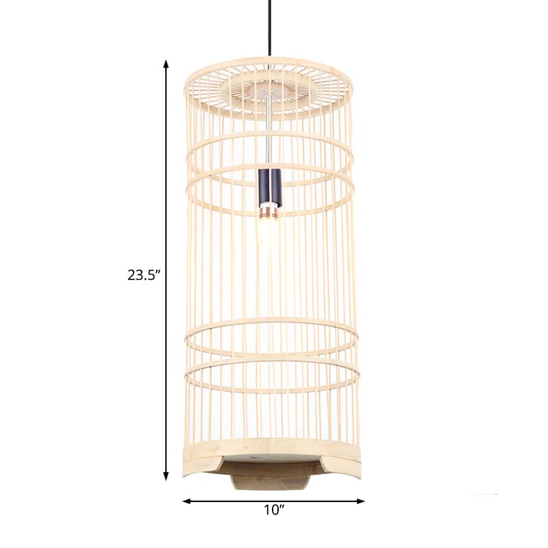 Cylindrical Shade Hanging Light Asian Style Bamboo 1-Bulb Beige Pendant Lamp for Dining Room