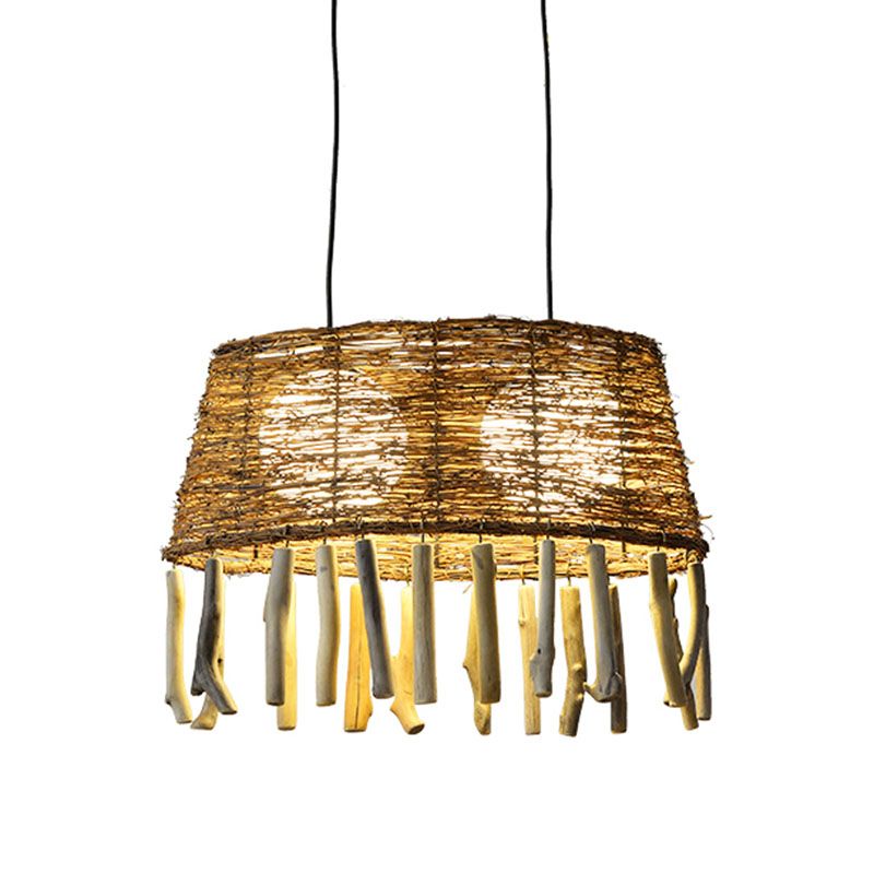 Rattan Oval Ceiling Hang Light Countryside 1 Head Wood Drop Pendant for Restaurant
