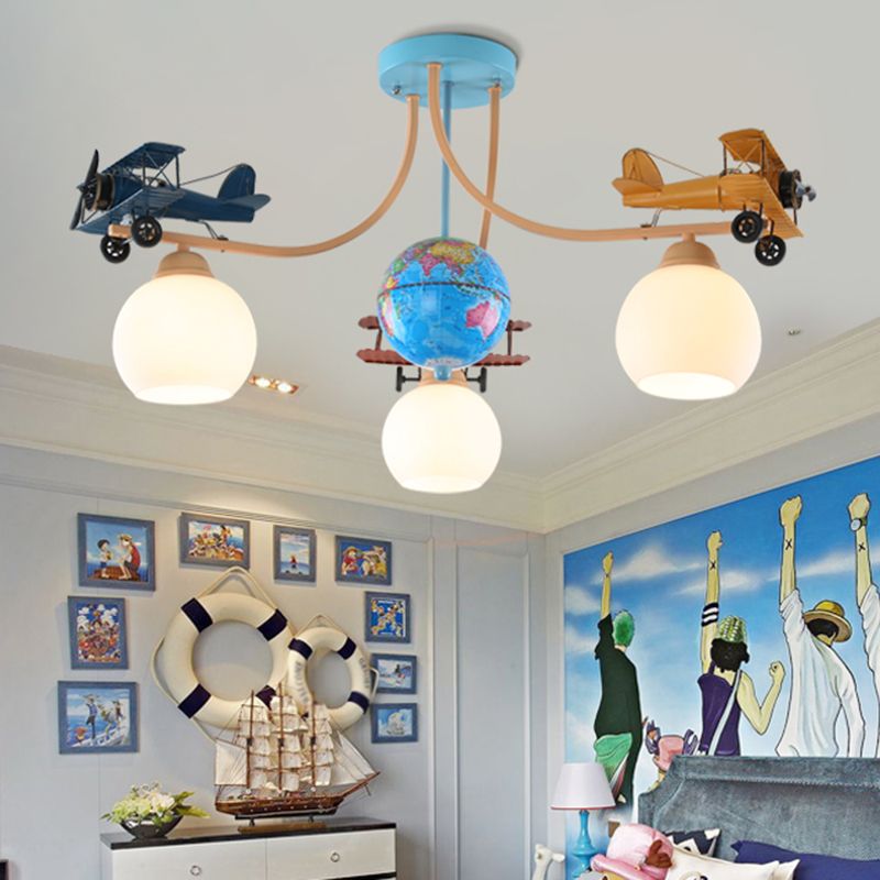 Cream Glass Dome Pendant Lamp Kids 3-Light Blue Ceiling Light with Geographic Globe and Airplane Deco