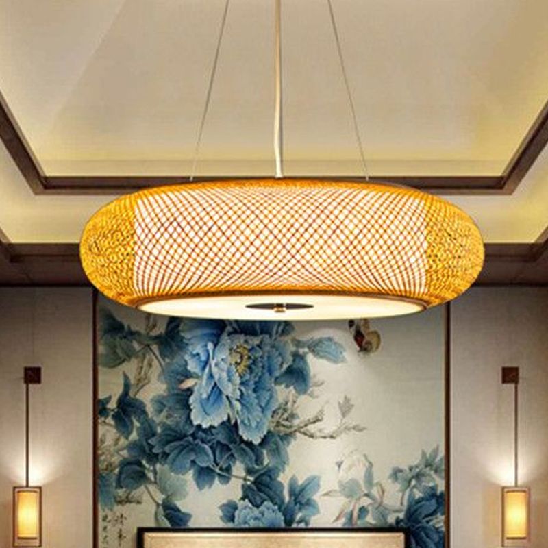 12"/16"/19.5" Wide Donut Ceiling Lamp Retro Bamboo 3 Bulbs Wood Hanging Light Fixture