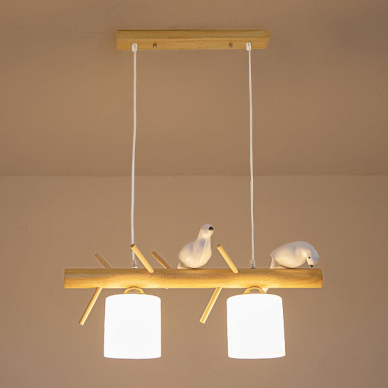 Modern Style Cylinder Shade Island Pendants 2-Lights Wood Pendant Lights for Dining Room