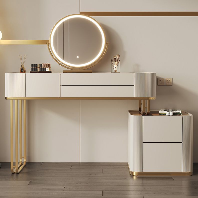 Minimalism Glass Vanity Table with Mirror & Stool 5 Drawers Beige Dressing Table