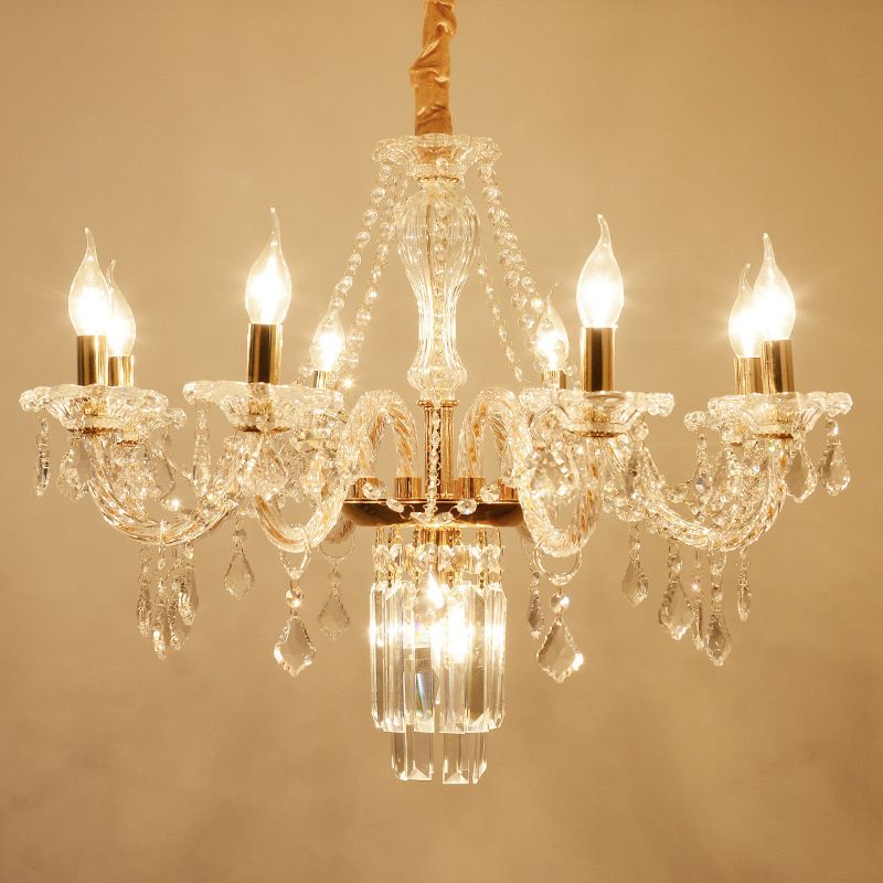 Bell/Candle Crystal Chandelier Light Vintage 8 Lights Dining Room Pendant in Gold with/without Fabric Shade