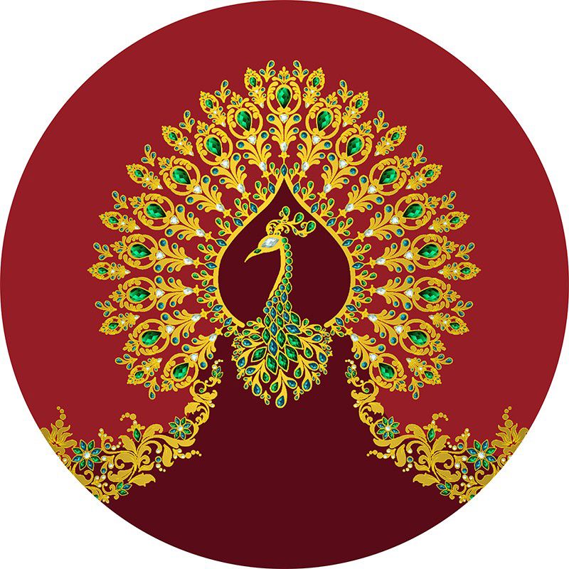 Round Red Tone Nostalgia Carpet Polyester Gold Line Indoor Rug Stain Resistant Rug for Home Decor