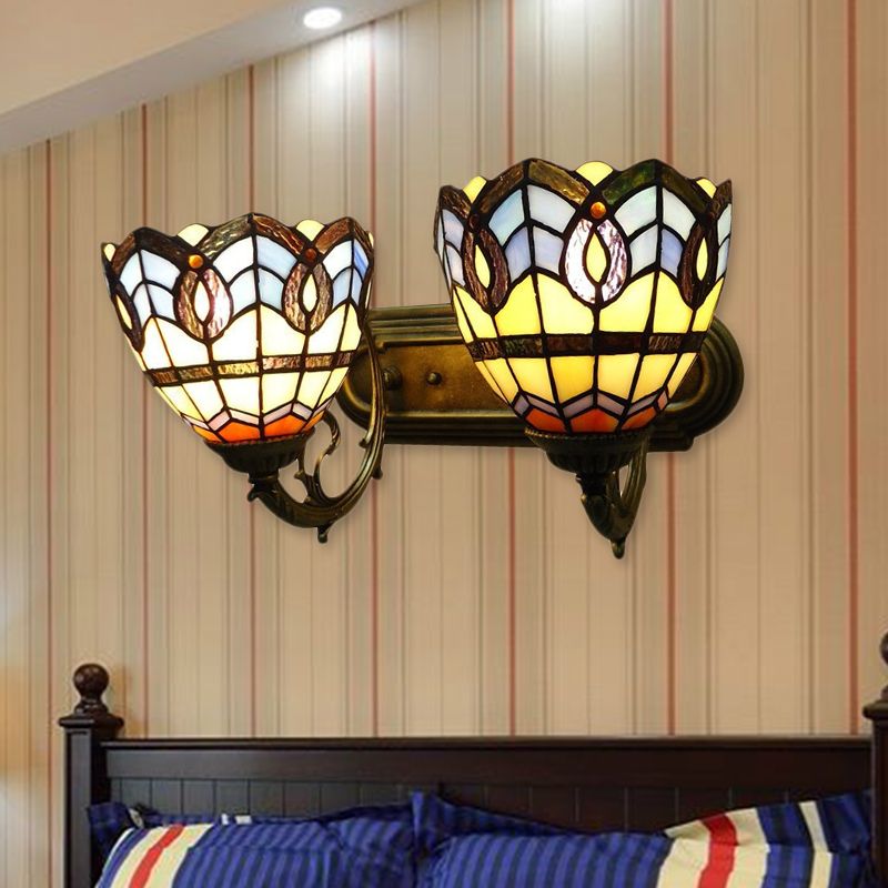 Vintage Bowl Wall Fixture Light Stained Glass 2 Lights Wall Sconce Lamp Fixture for Bedroom Lighting