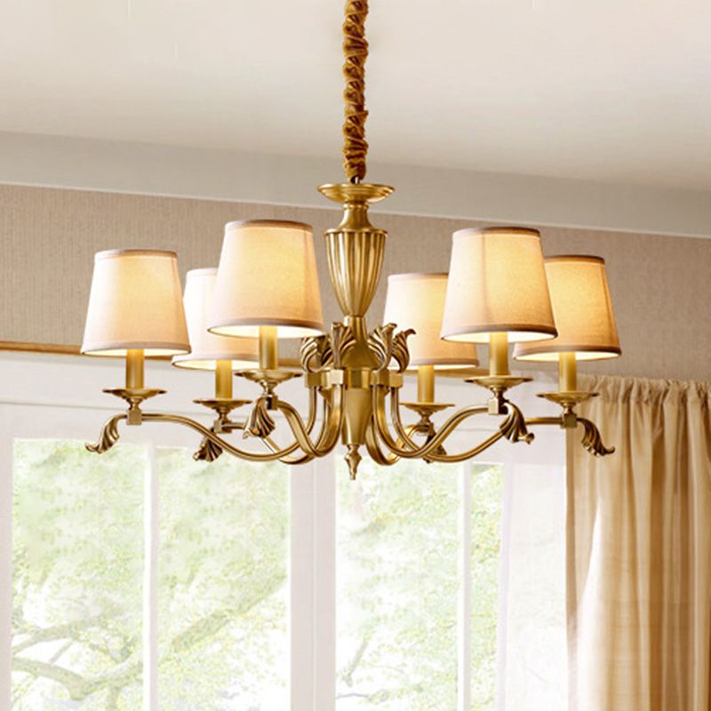 Brass Candelabra Ceiling Lighting Modern Metallic Chandelier Light Fixture with Tapered Fabric Shade