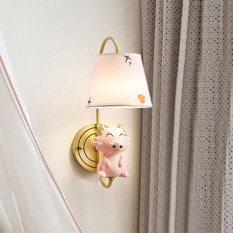 Barrel Applexion luminaire Kids Tissu Fabric Single Head Gold Wall Éclairage avec dessin animé cochon / souris / Dragon Decoration