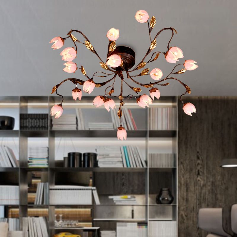 Metal Dark Brown Semi Flush Lotus 20 Bulbs American Garden LED Close to Ceiling Lamp for Study Room