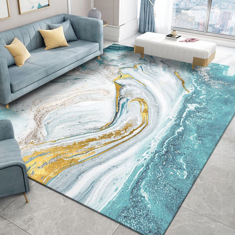 Blue Geography Rug Polyster Nordic Area Rug Non-Slip Backing Pet Friendly Carpet for Decoration