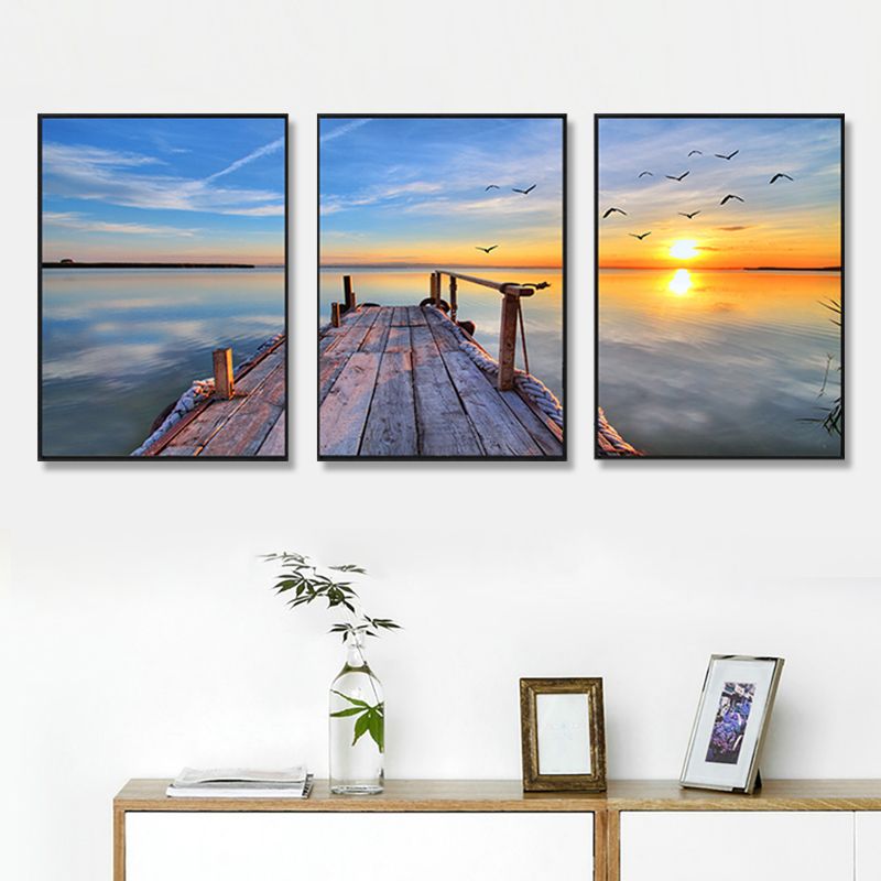 Multi-Piece Pastel Canvas Art Modern Photo Wooden Bridge to Sea Scene Wall Decor