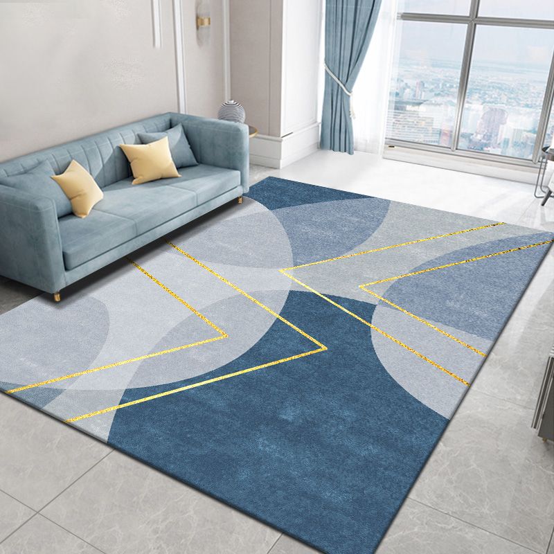 Blue Living Room Rug Geometric Print Polyester Area Rug Non-Slip Backing Area Carpet