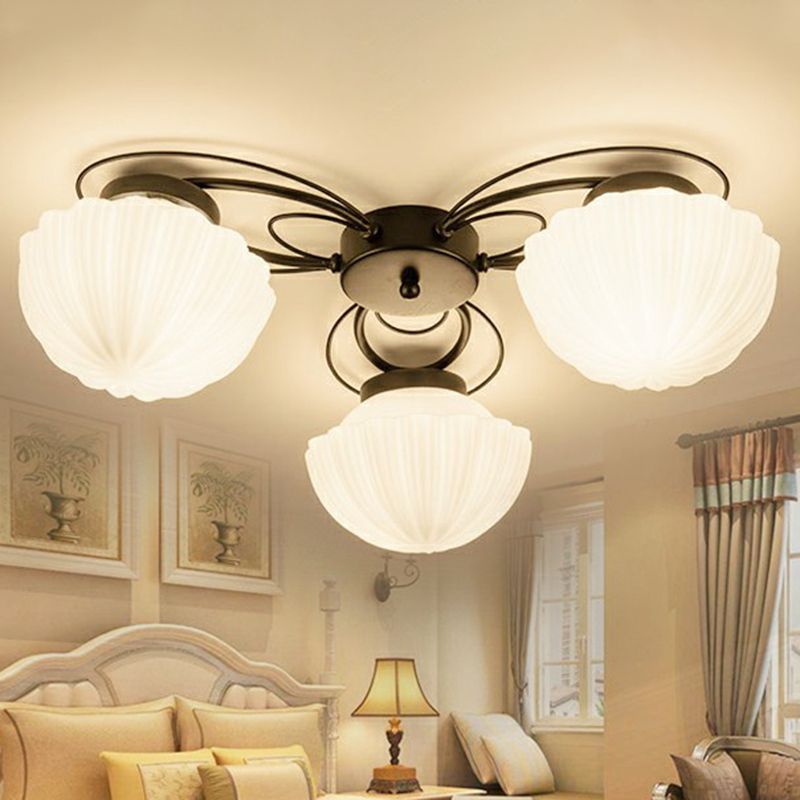 Ribbed Cream Glass Black Flush Mount Chandelier Bowl Classic Semi Flush Light Fixture for Dining Room