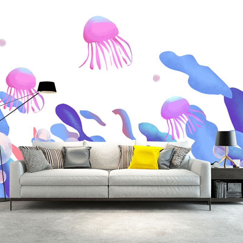 Kids Seaweed and Jellyfish Mural for Bedroom Personalized Wall Decor in Blue-Purple on White