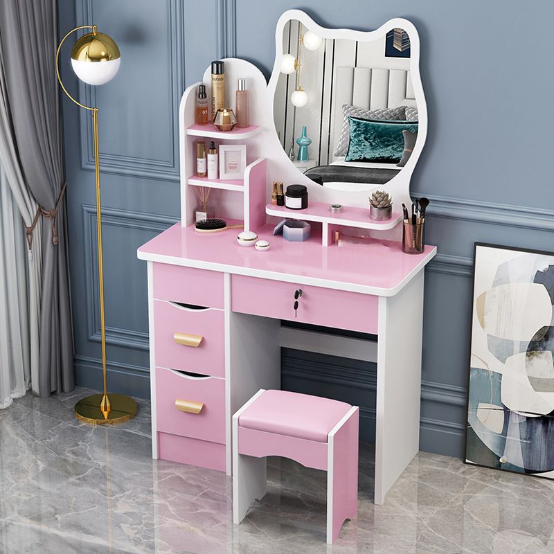 4 Drawers 31.5" Wide Vanity Set Nordic Wood Dressing Table with Stool and Mirror