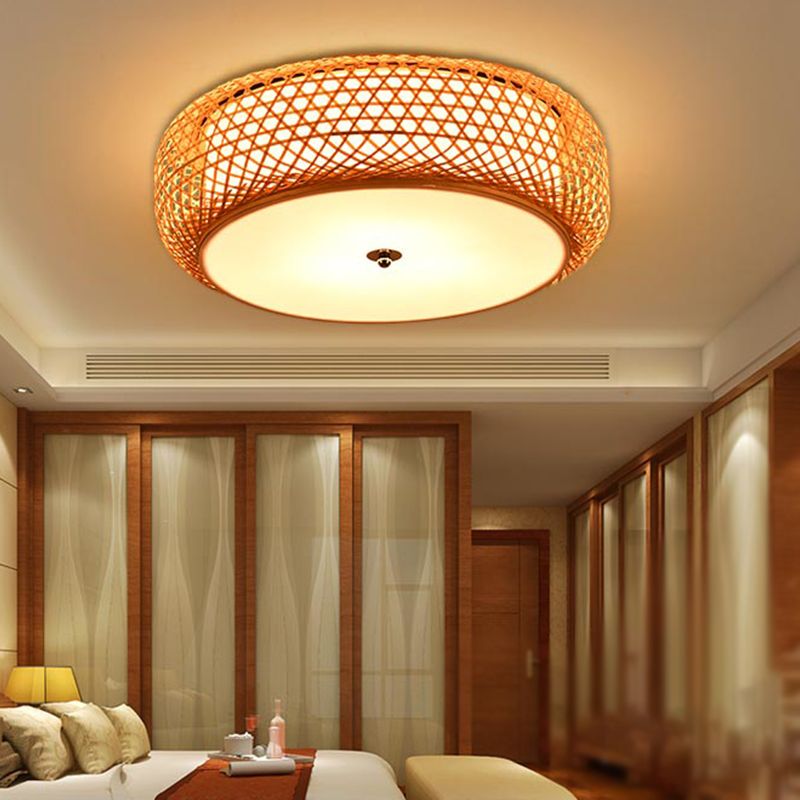 Wood Cylinder/Donut Flush Mount Lamp Traditionary Bamboo LED Ceiling Mounted Light for Living Room