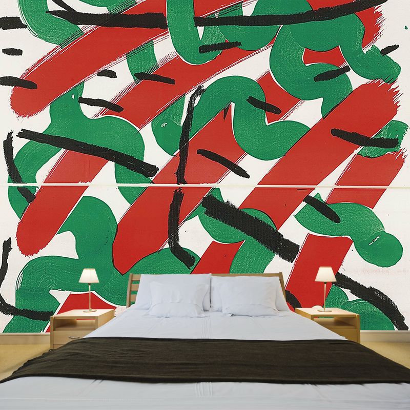 Artistry Interweaving Pattern Mural Red and Green Living Room Wall Decor, Made to Measure