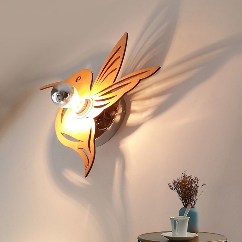 Contemporary Bird Shaped Sconce Light Wood 1 Bulb Bedside Wall Mount Lamp in Beige